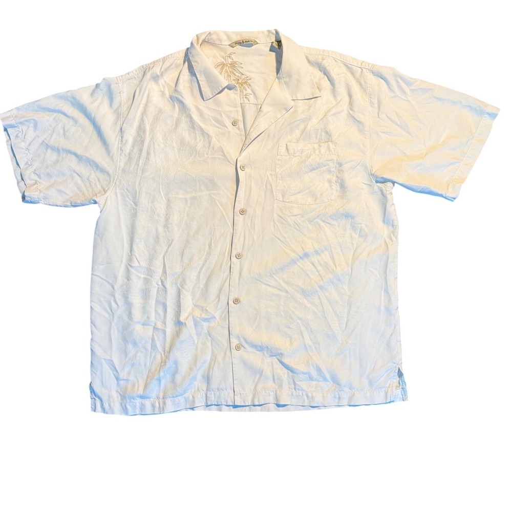 Tommy Bahama Silk Camp Shirt Mens XL Ivory Excellent Tropical Jacquard Short Slv